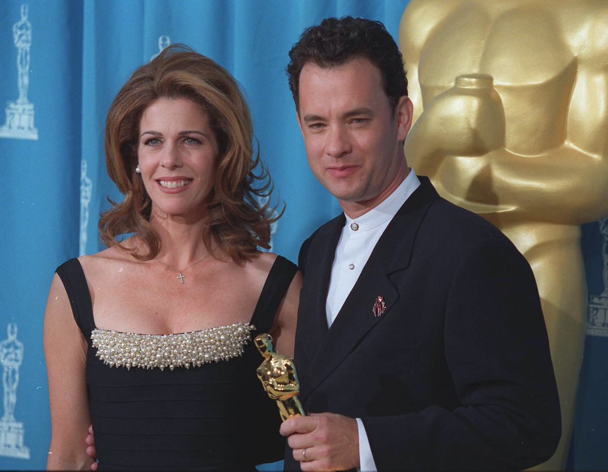 Tom Hanks is joined by his wife, Rita Wilson, at the 1995 Academy Awards ceremony